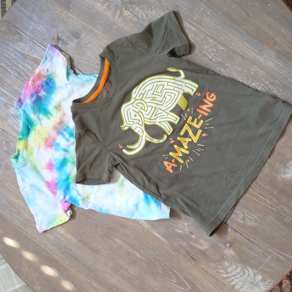 Two (2) Cat & Jack Size 4 - 5 XS Elephant Safari and Tie Dye Tee Shirts